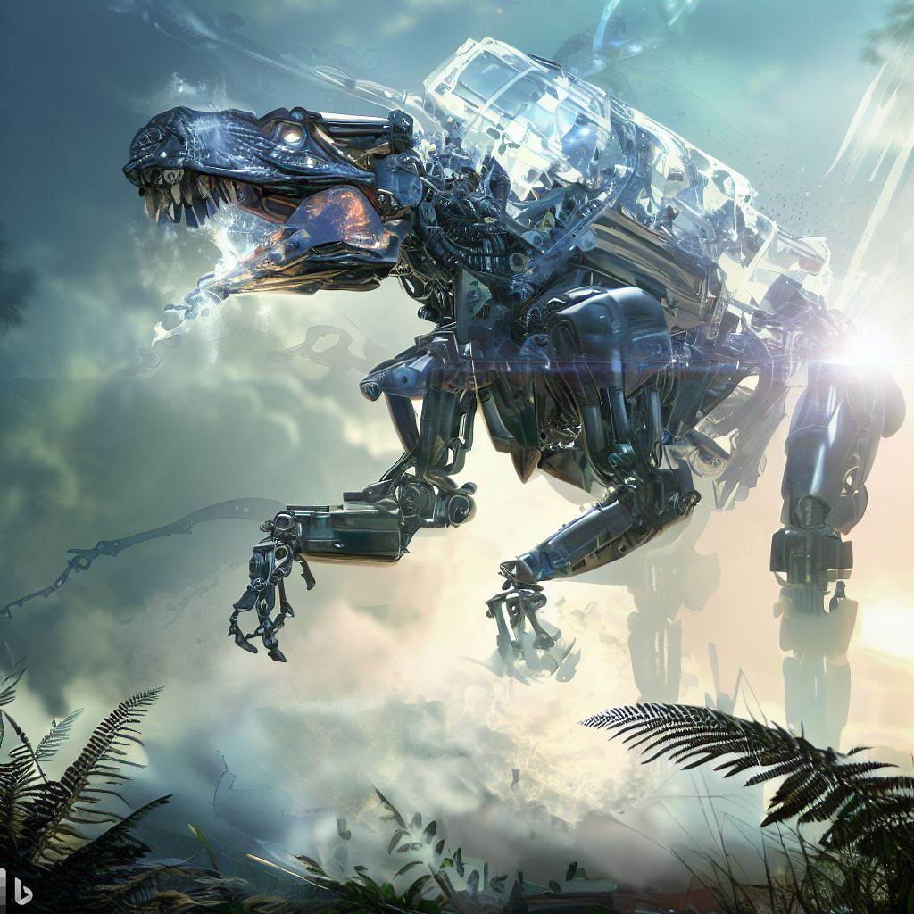 futuristic dinosaur mech with glass body being hunted, shatter, fauna in foreground, detailed smoke and clouds, lens flare, realistic, h.r. giger style 9.jpg